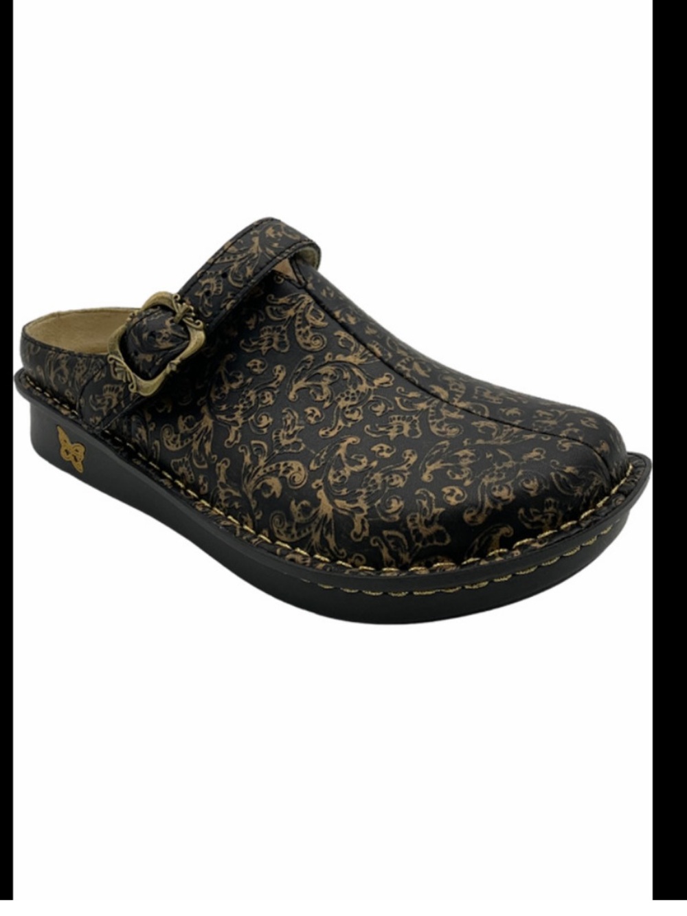 Alegria Adjustable Backstrap scroll Clogs Myrtle Boheme black gold EU38 or US7.5